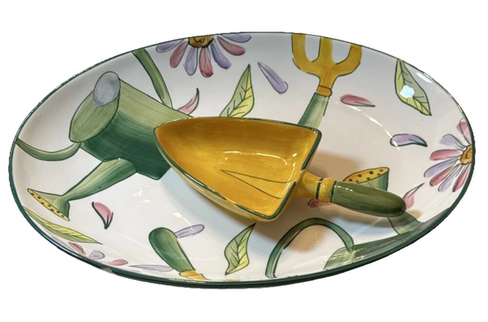 Clay Art Le Jardin Hand Painted Ceramic Oval Platter Garden Floral 1998